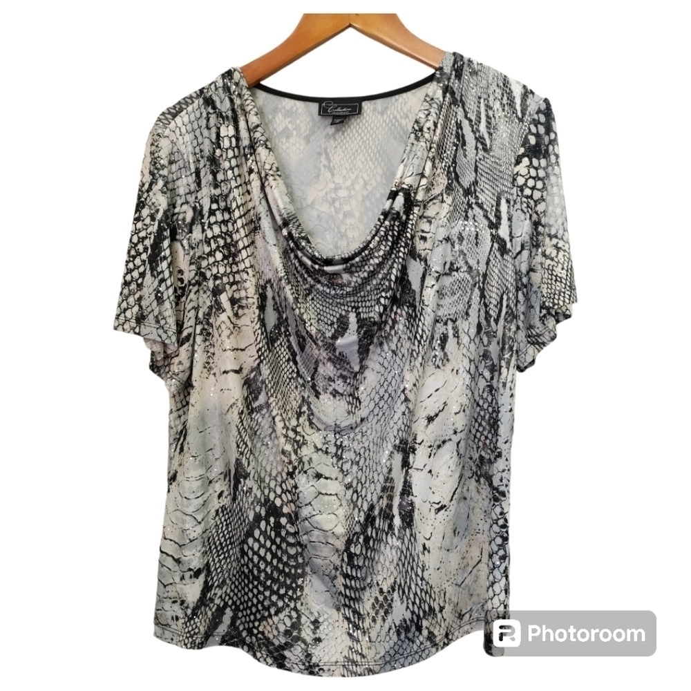 Dressbarn Black & Gray Sparkling Snake Print Drape Front Top